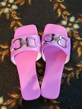 Women's Pink Slide Sandals with Silver Chain Accent